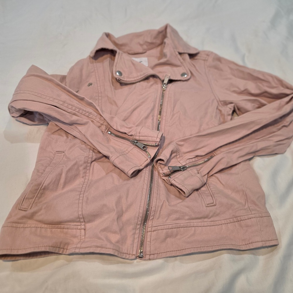 Old Navy Twill Moto Jacket Womens Small Pink Excellent Asymmetric Zip Biker 1790